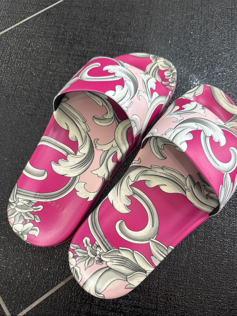 Versace Jeans Couture Pink Barocco Print Slide Sandals